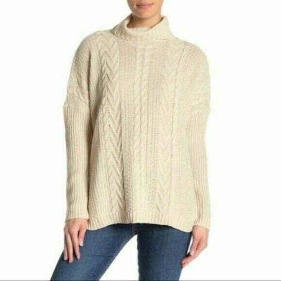 Joseph A Turtleneck Sweater Top M Boxy Cable Knit Oatmeal Heather NEW Tag B90 - Picture 1 of 5